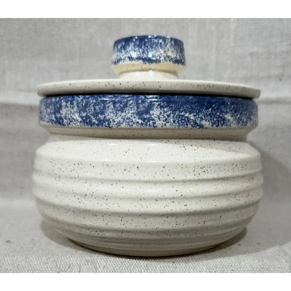 KW Studio Pottery Canister Give Thanks To The Lord Blue Cream Speckled 5x5
